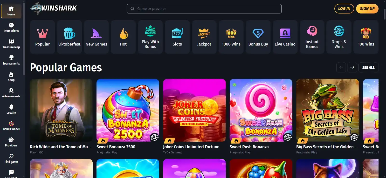 Authentic screenshot of the WinShark Casino homepage or its actual access message