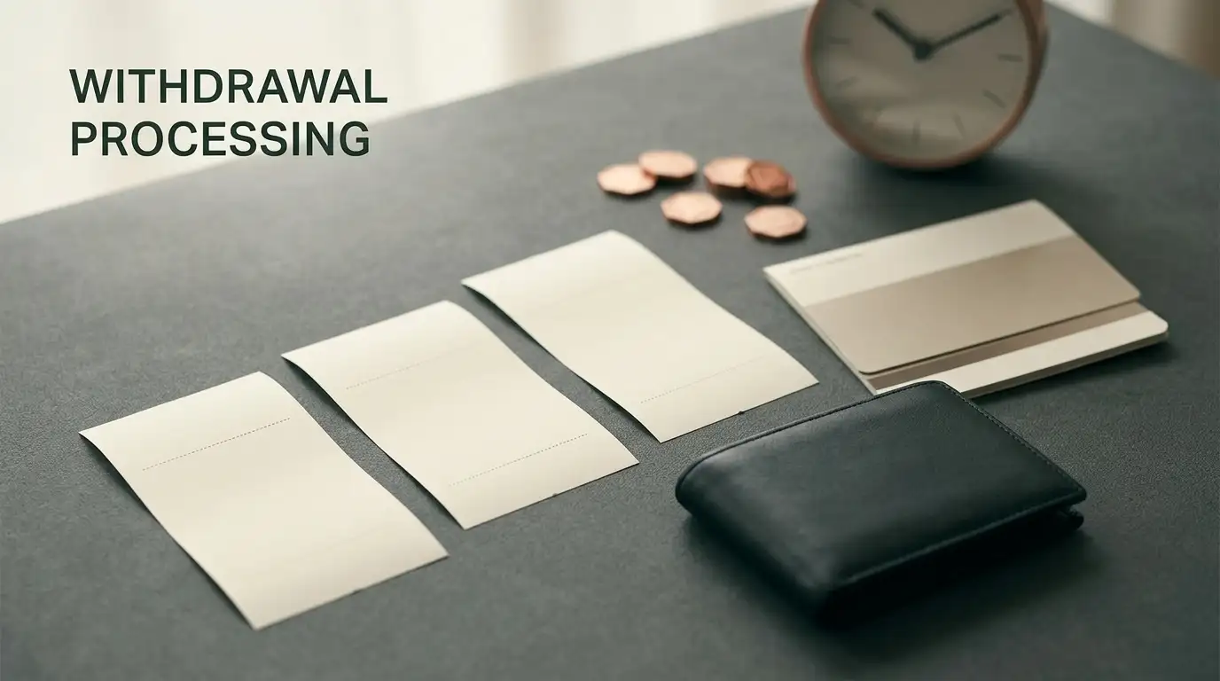 Blank receipts, a dark wallet and a desk clock arranged to represent payout stages