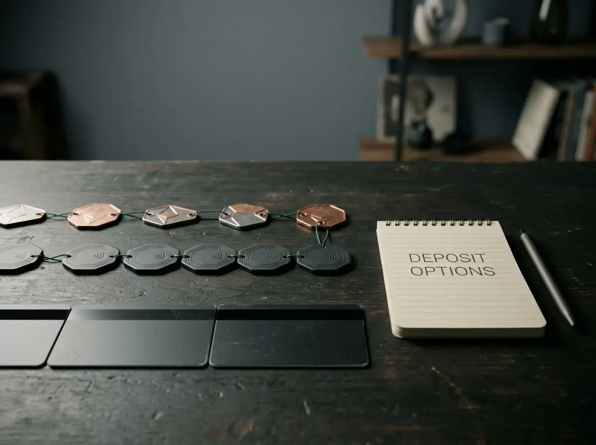Unmarked bank card, contactless tile and geometric crypto tokens on a dark desktop